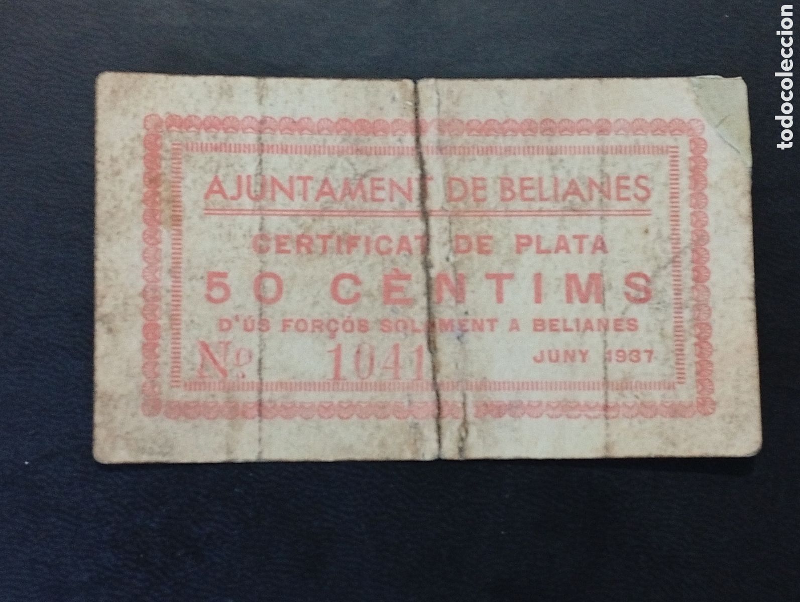 Billetes locales: Billete de 50 c&egrave;ntims Belianes 1937 Lleida raro