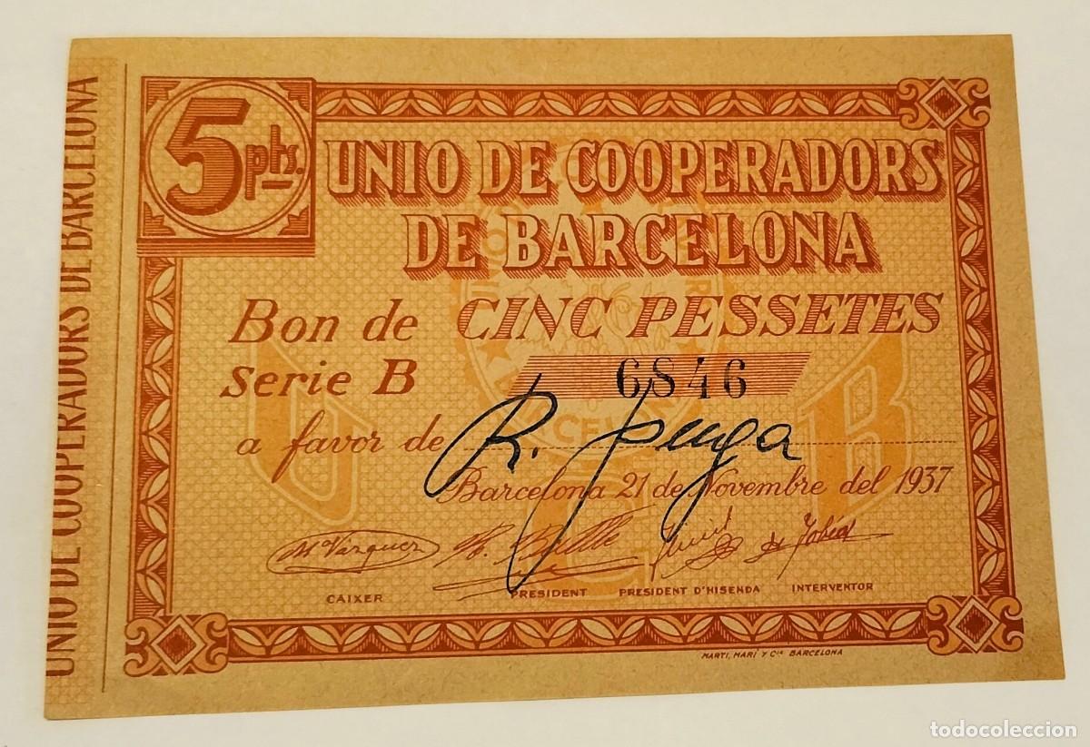 Billetes locales: 1 Bono Local 5 pts. UNI&Oacute; COOPERADORS BARCELONA - Novembre 1937 - serie B