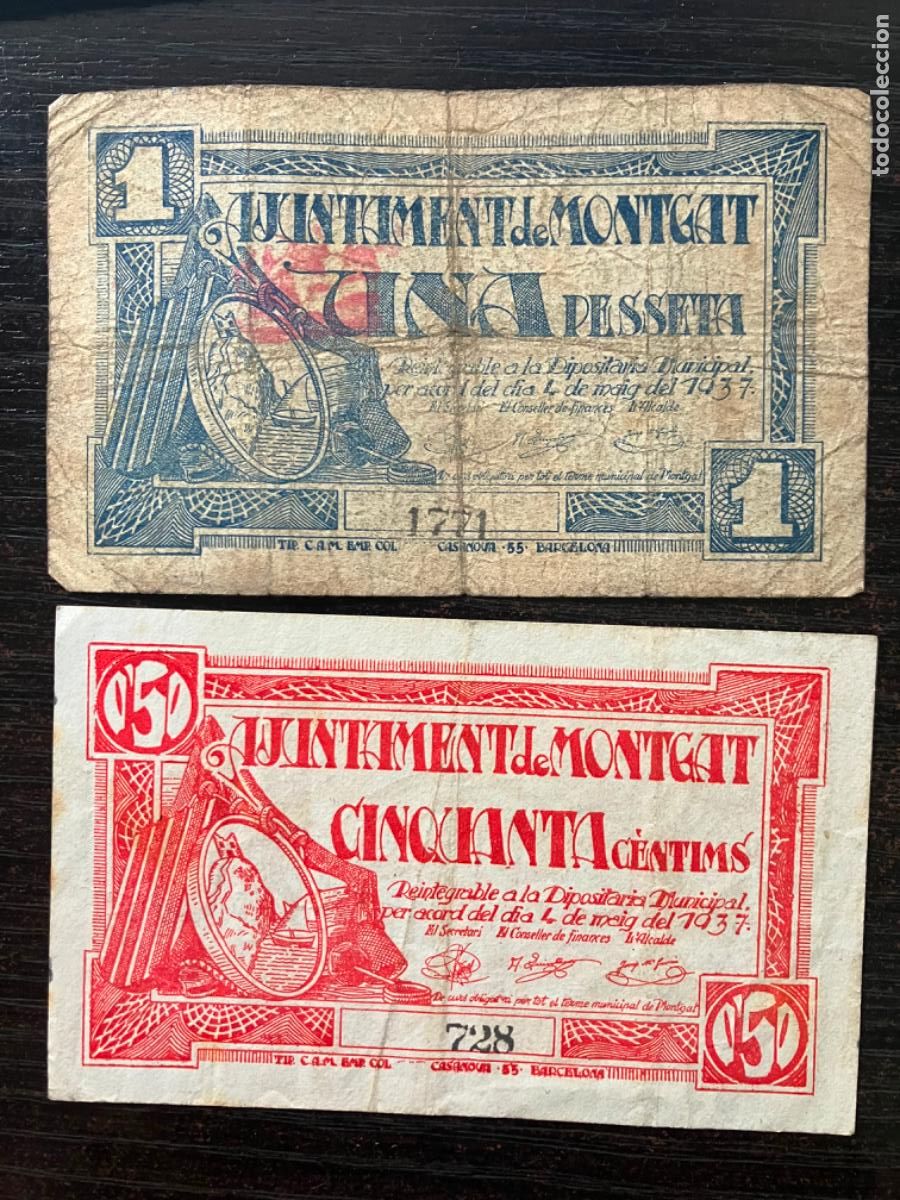 Billetes locales: Montgat - 2 billetes local Ajuntament de Montgat - 50 c&egrave;ntims 1 pesseta 1937
