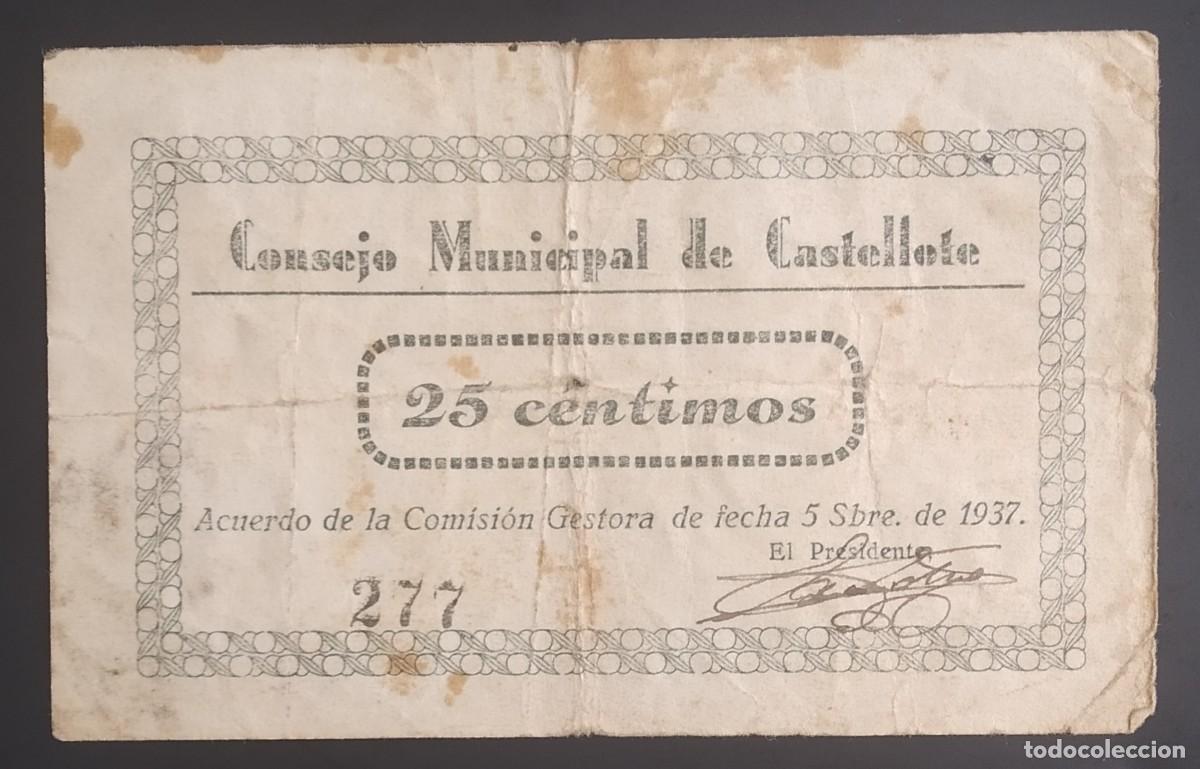 Billetes locales: CASTELLOTE*1937* 25 CTS. CONSEJO MUNICIPAL de CASTELLOTE