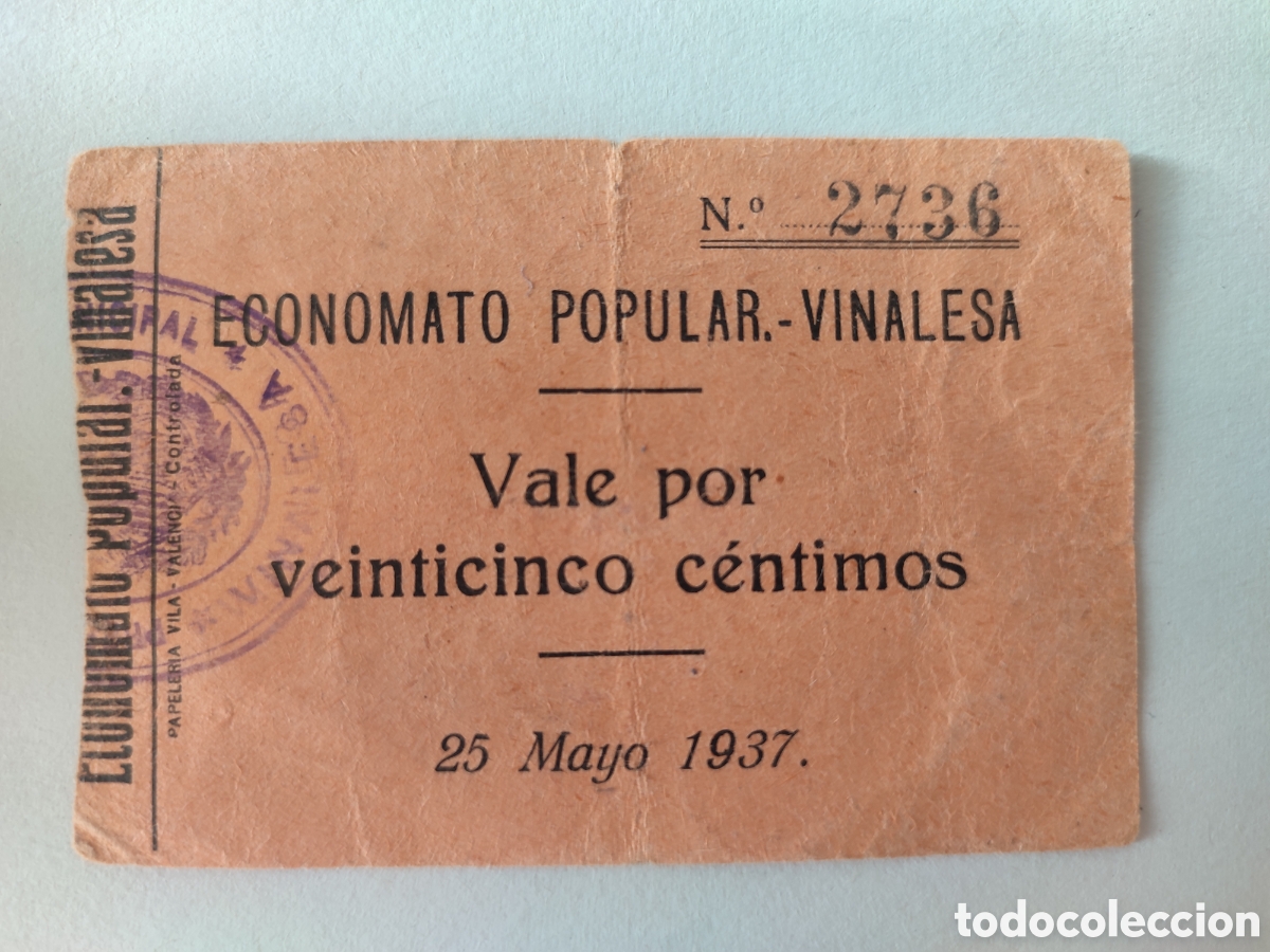 Billetes locales: 25 c&eacute;ntimos Vinalesa (Valencia) RRRR