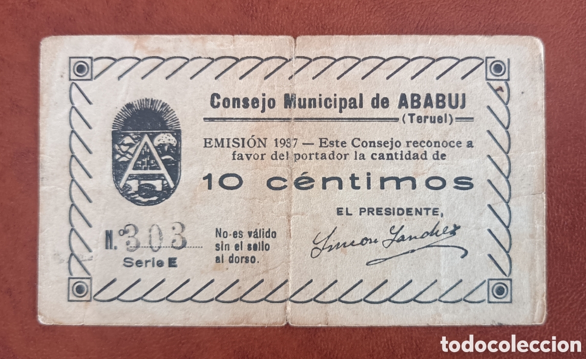 Billetes locales: ABABUJ. Teruel. 10 centimos. Muy raro