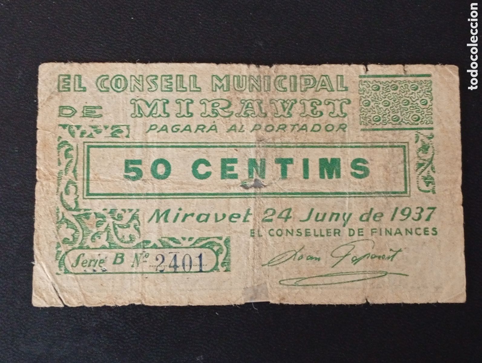 Billetes locales: Billete de 50 c&egrave;ntims Miravet 1937 guerra civil Tarragona