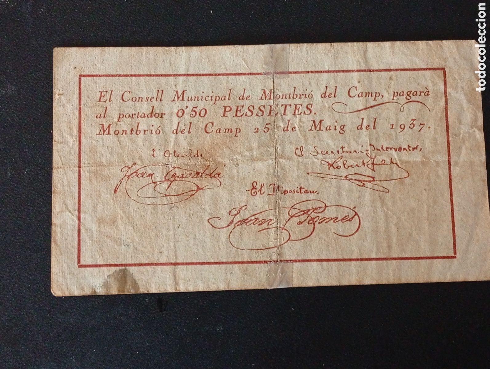 Billetes locales: Billete de 50 c&egrave;ntims Montbri&oacute; del Camp 1937 guerra civil Tarragona