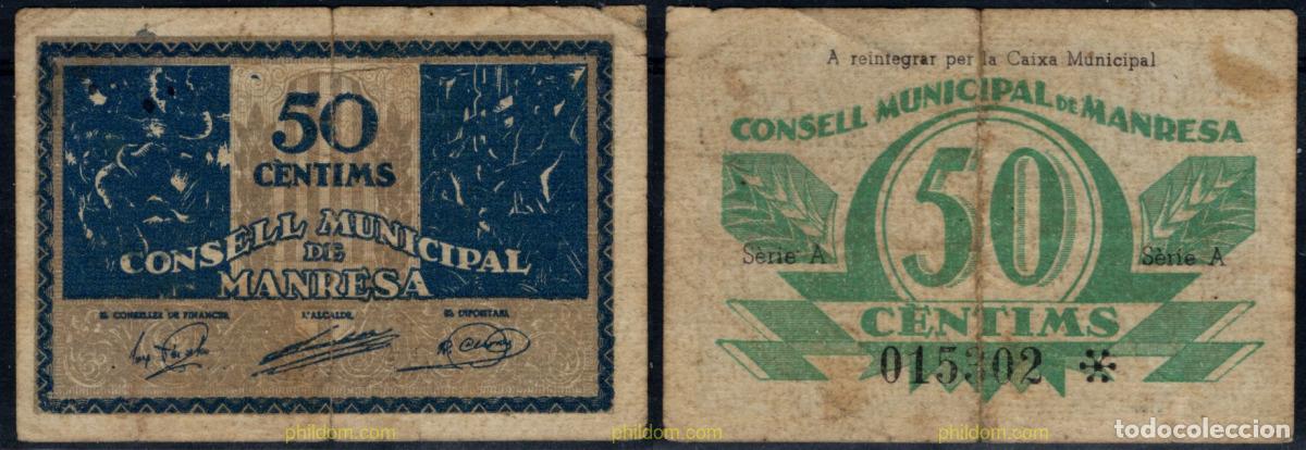 Banconote locali: 10948 ESPA&Ntilde;A. Emisiones locales republicanas 1937 CONSELL MUNICIPAL DE MANRESA 50 CENTIMS 1937
