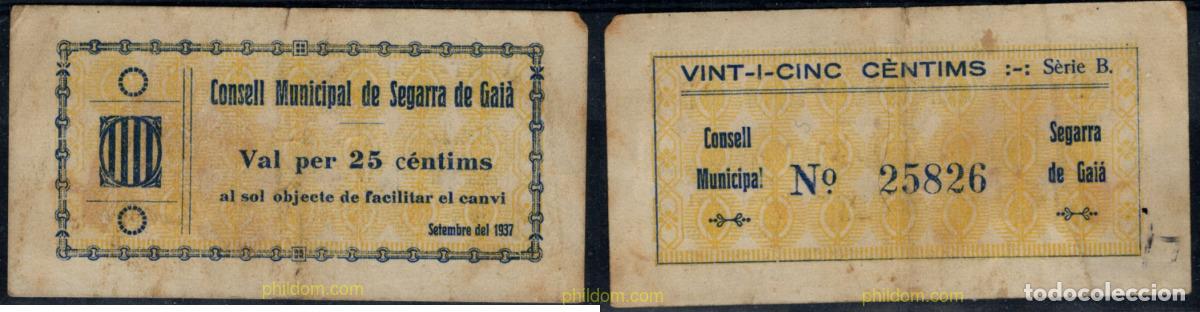 Banconote locali: 10953 ESPA&Ntilde;A. Emisiones locales republicanas 1937 CONSELL MUNICIPAL DE SEGARRA DE GAIA