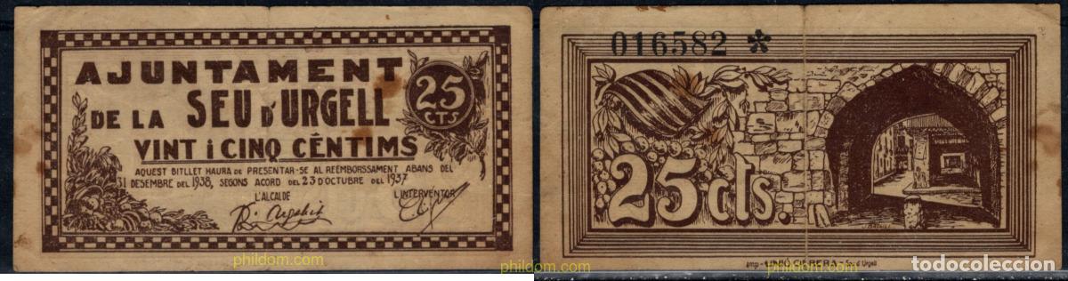 Billetes locales: 10954 ESPA&Ntilde;A. Emisiones locales republicanas 1937 AJUNTAMENT DE LA SEU DE URGELL 25 CENTIMOS 1937