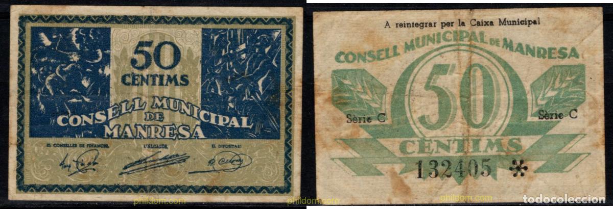 Billetes locales: 10017 ESPA&Ntilde;A. Emisiones locales republicanas 1937 CONSELL MUNICIPAL DE MANRESA 50 CENTIMS 1937