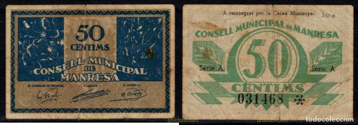 Billetes locales: 10018 ESPA&Ntilde;A. Emisiones locales republicanas 1937 CONSELL MUNICIPAL DE MANRESA 50 CENTIMS 1937