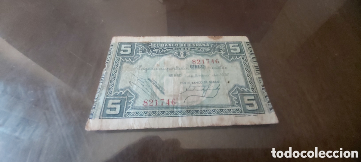 Billetes locales: BILLETE: 5 PESETAS 1937 BANCO ESPA&Ntilde;A BILBAO - BANCO BILBAO