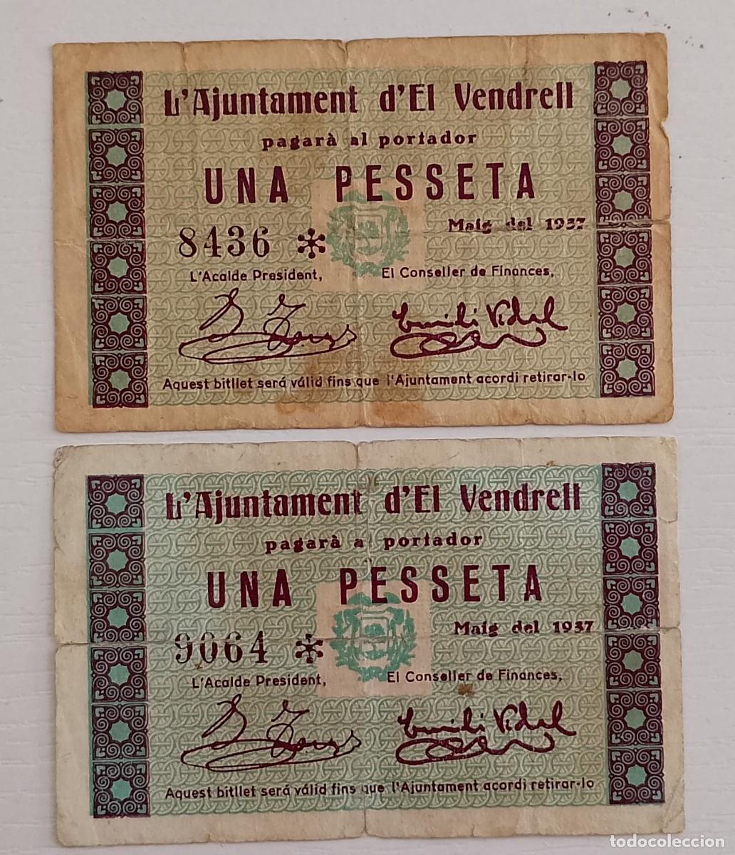 Billetes locales: 2 BILLETES DE UNA PESETA DE EL VENDRELL