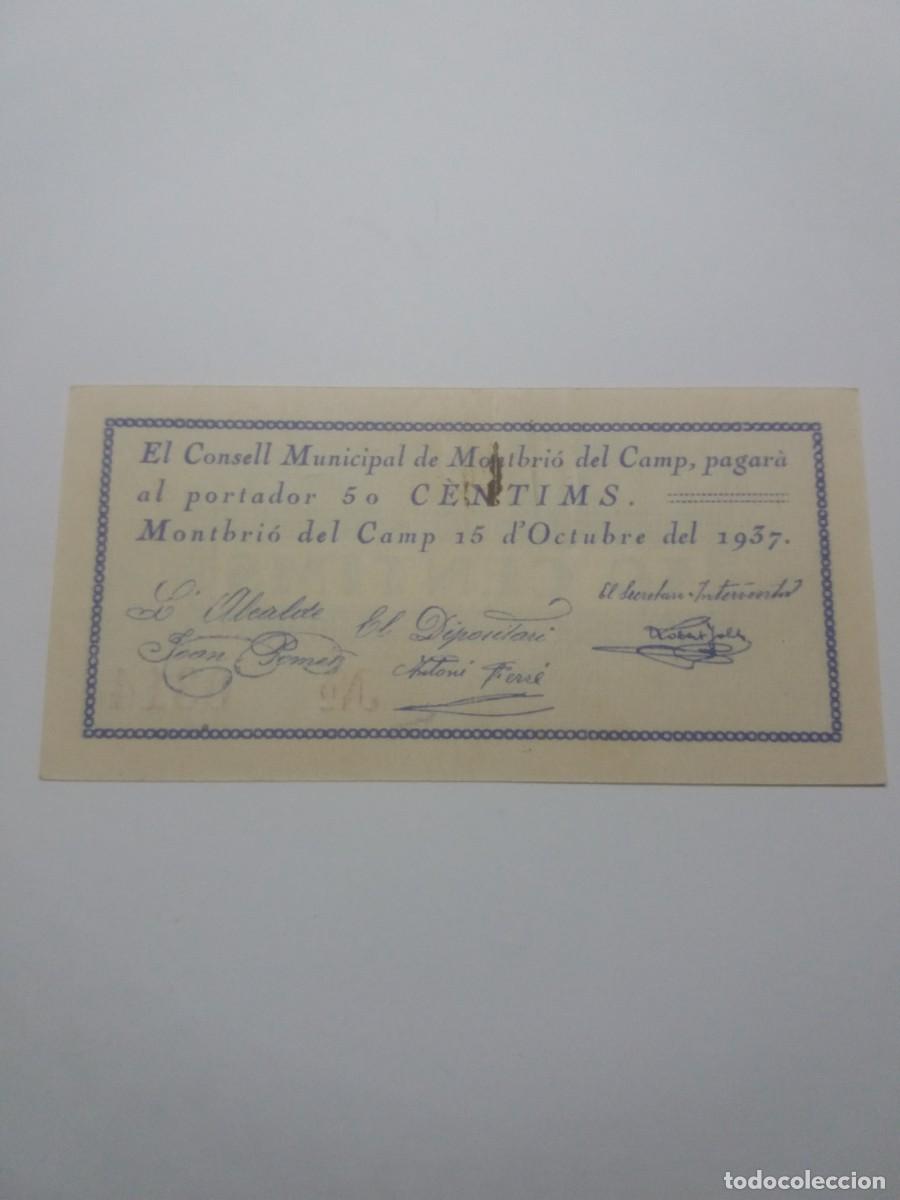 Billetes locales: Billete 50 C&egrave;ntims Consell Municipal MONTBRI&Oacute; del CAMP 15 Octubre 1937