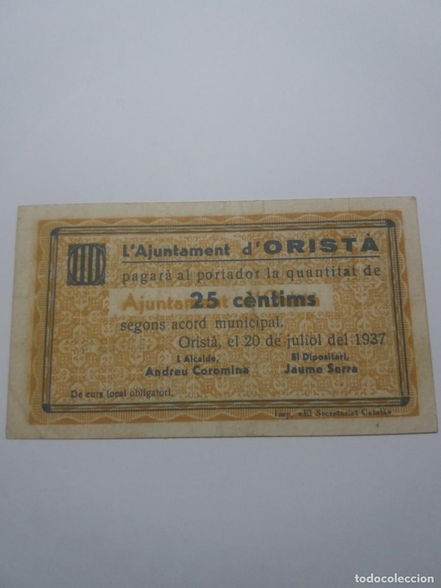 Billetes locales: Billete 25 C&egrave;ntims Ajuntament ORIST&Aacute; 20 Juliol 1937