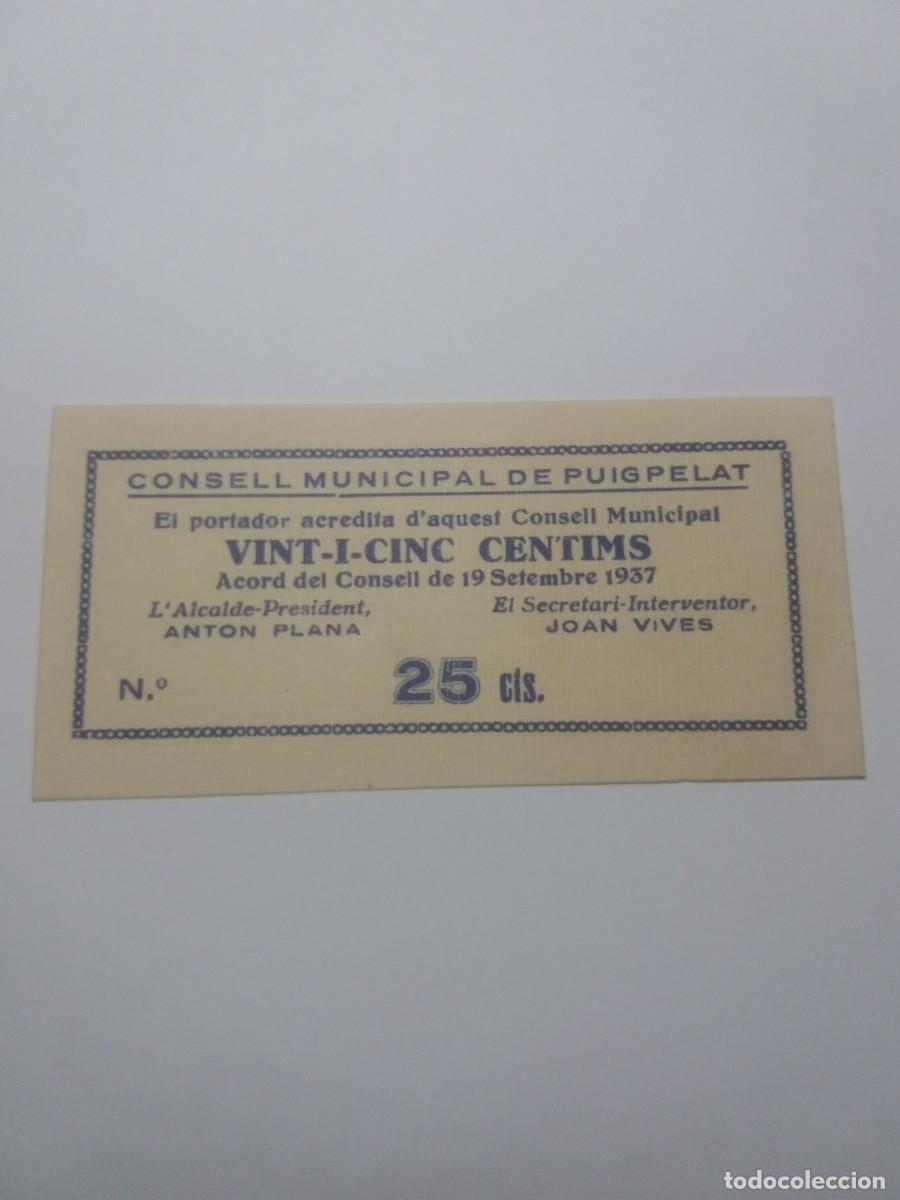 Billetes locales: Billete 25 C&egrave;ntims Consell Municipal PUIGPELAT 19 Setembre 1937
