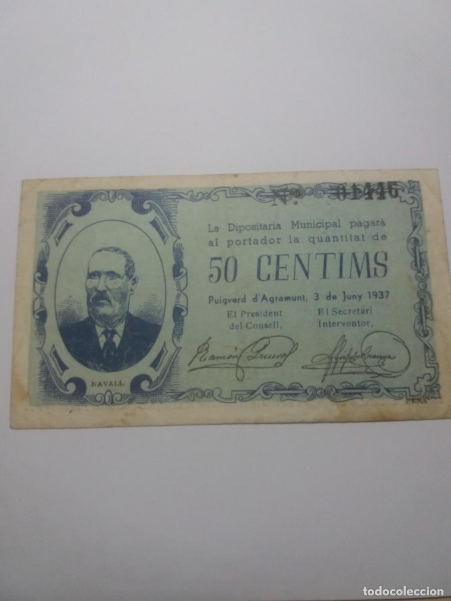 Billetes locales: Billete 50 C&egrave;ntims Consell Municipal PUIGVERD D'AGRAMUNT 3 Juny 1937