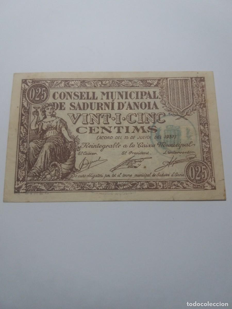 Billetes locales: Billete 25 C&egrave;ntims Consell Municipal SADURN&Iacute; D'ANOIA 15 Juliol 1937