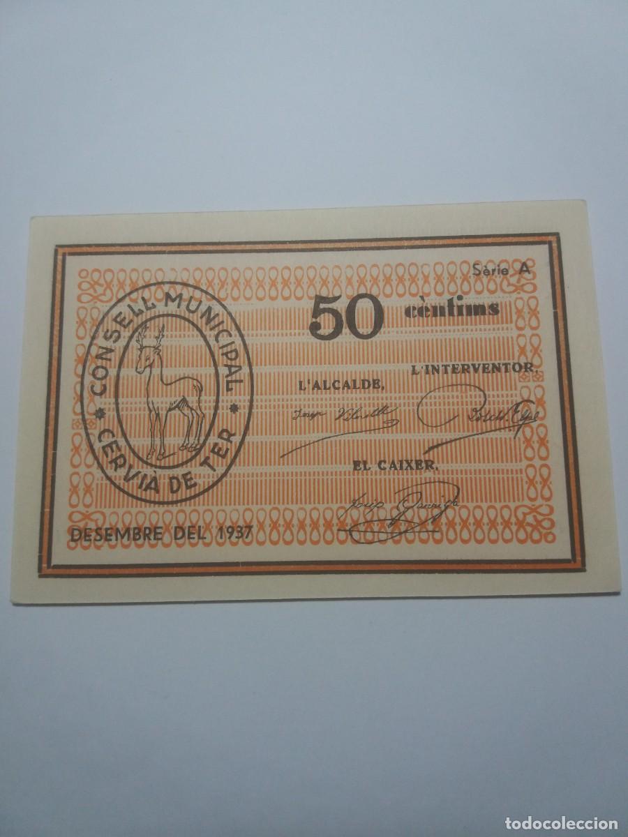 Billetes locales: Billete 50 C&egrave;ntims Consell Municipal CERVI&Agrave; DE TER Desembre 1937