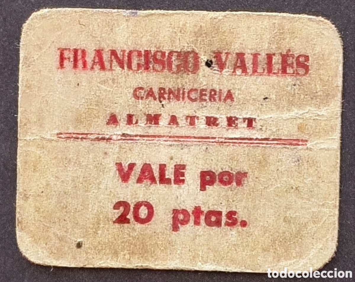 Billetes locales: Vale - Francisco Vall&eacute;s - Almatret (Lleida) - 20 pesetas