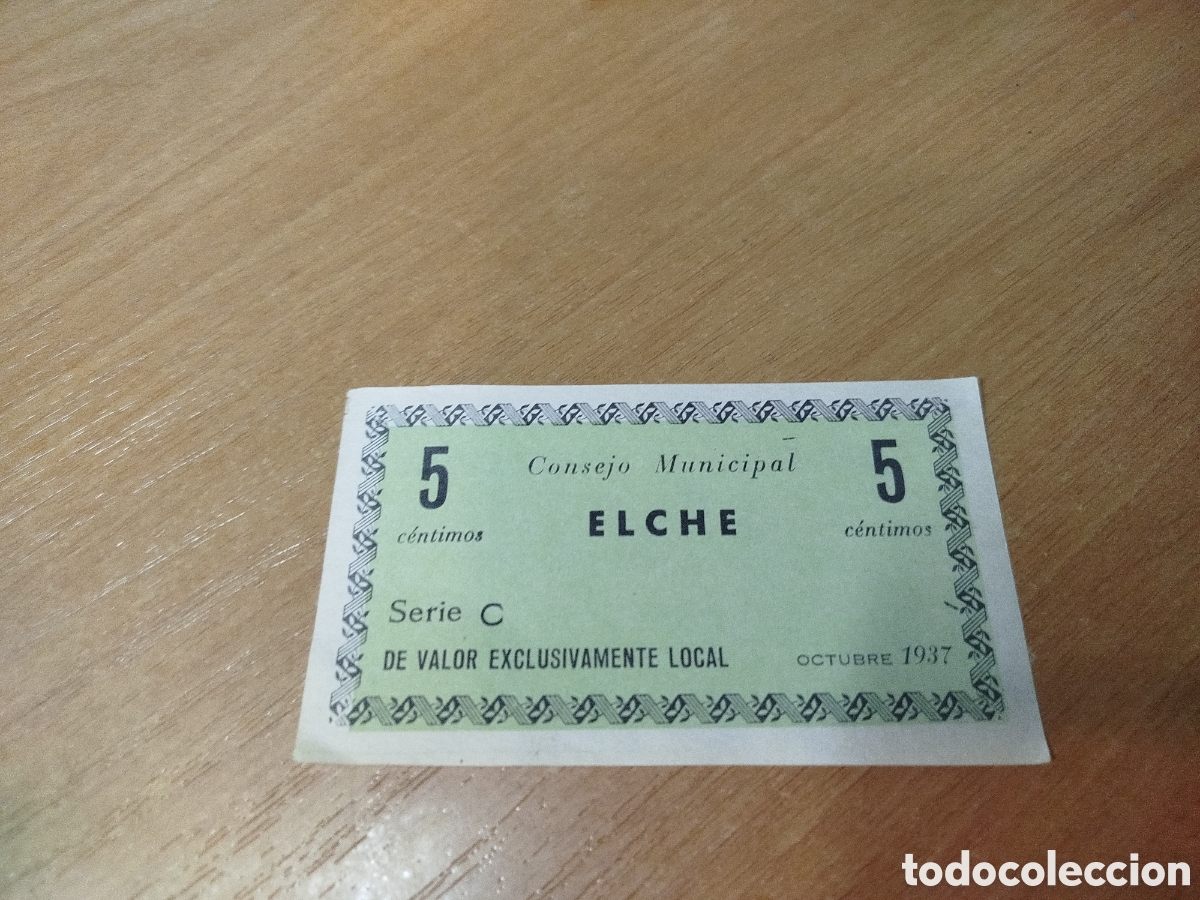Billetes locales: Billete local. Billete consejo municipal cinco c&eacute;ntimos Elche. 1937