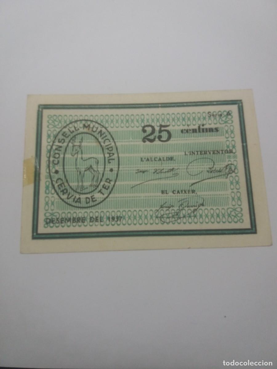 Local Banknotes: Billete 25 C&egrave;ntims Consell Municipal CERVI&Aacute; DE TER Desembre 1937