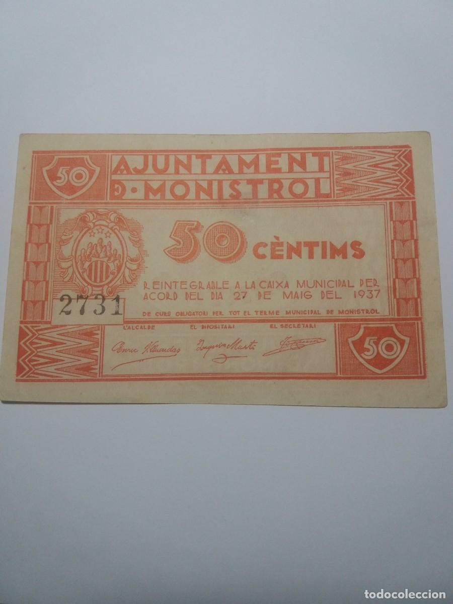 Billetes locales: Billete 50 C&egrave;ntims Ajuntament MONISTROL 27 Maig 1937