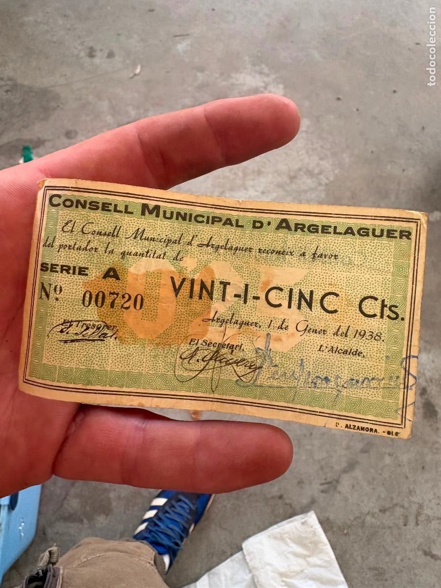 Billetes locales: Billete consejo guerra civil 25 cts argelaguer Consell municipal bitllet local poble
