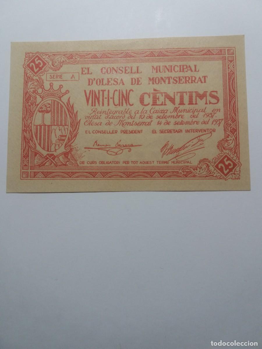 Billetes locales: Billete 25 C&egrave;ntims Consell Municipal OLESA DE MONTSERRAT 14 Setembre 1937