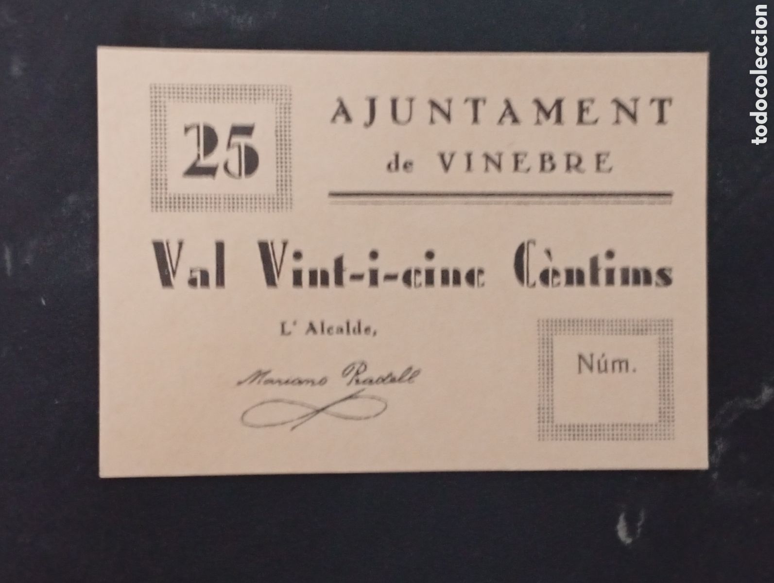 Billetes locales: Billete de Vinebre 25 c&egrave;ntims 1937 Tarragona