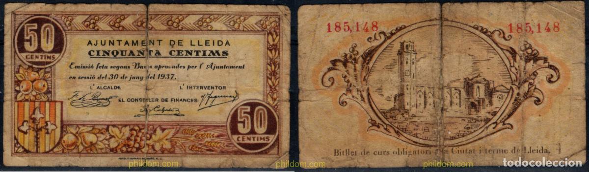 Billetes locales: 10937 ESPA&Ntilde;A. Emisiones locales republicanas 1937 50 CENTIMS AJUNTAMENT DE LLEIDA 1937