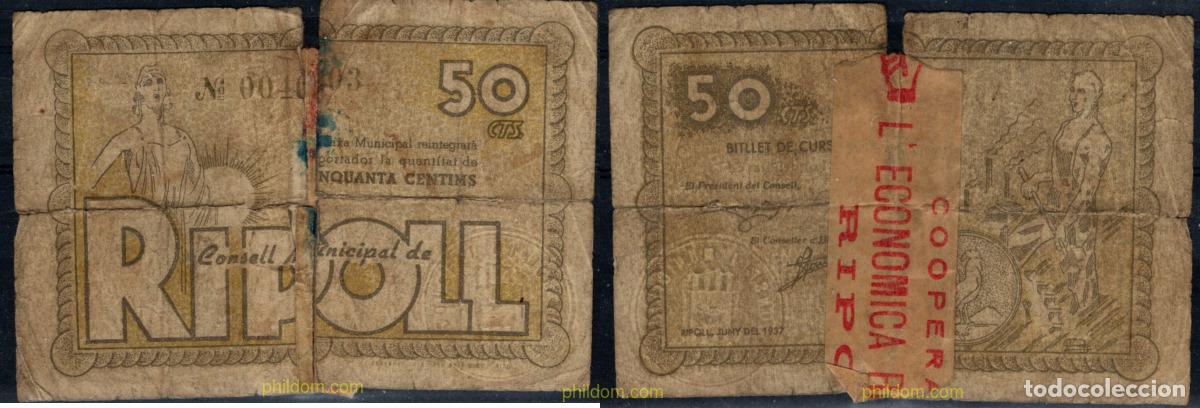 Billetes locales: 10935 ESPA&Ntilde;A. Emisiones locales republicanas 1937 CONSELL MUNICIPAL RIPOLL 50 CENTIMS 1937