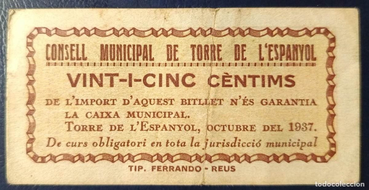 Billetes locales: 25 CENTIMOS CONSELL MUNICIPAL DE TORRE DEL ESPANYOL ( RR ) ( BLO1843 )
