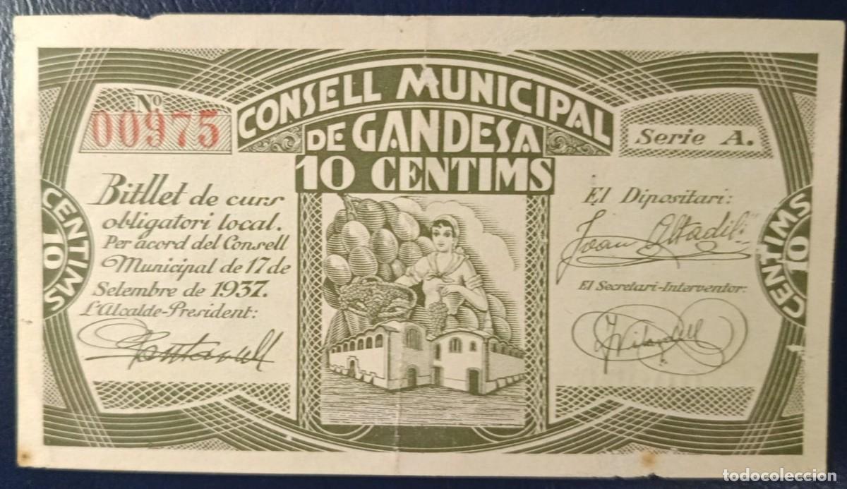 Billetes locales: 10 CENTIMOS CONSELL MUNICIPAL DE GANDESA ( BLO1851 )