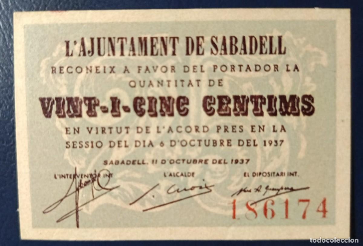 Billetes locales: 25 CENTIMOS AJUNTAMENT DE SABADELL ( BLO1877 )