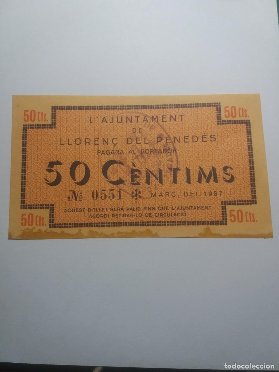 Billetes locales: Billete 50 C&egrave;ntims Ajuntament LLOREN&Ccedil; DEL PENED&Egrave;S Mar&ccedil; 1937