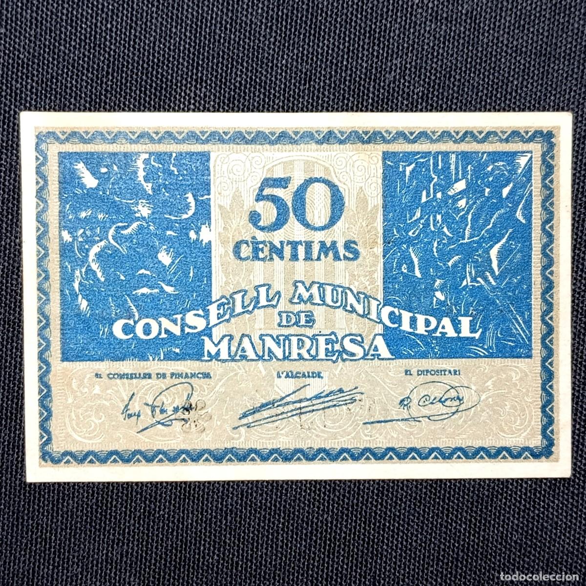 Billetes locales: ⚜️ &Ntilde;09X05C. Consell Municipal de Manresa. 50 c&eacute;ntimos serie B. Peque&ntilde;o brillo, mostrado