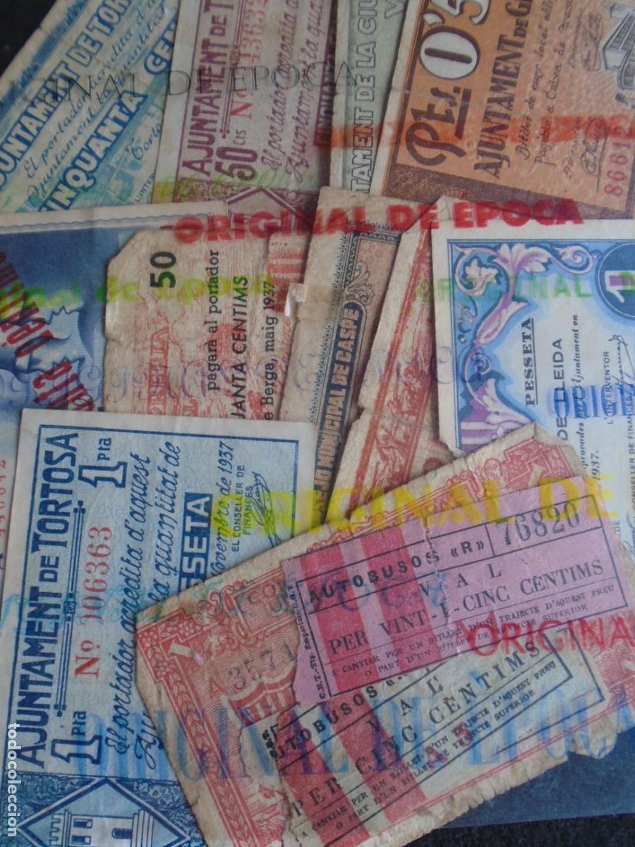 Billetes locales: (YA-63)LOTE DE 11 BILLETES LOCALES Y 3 BILLETES DE TRANSPORTE - GUERRA CIVIL