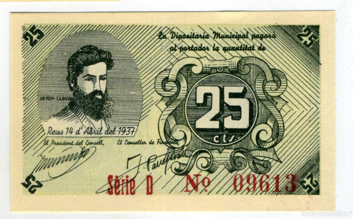 Billetes locales: XS- GUERRA CIVIL 1937 REUS 25 C&egrave;ntims Josep Llovera S/C