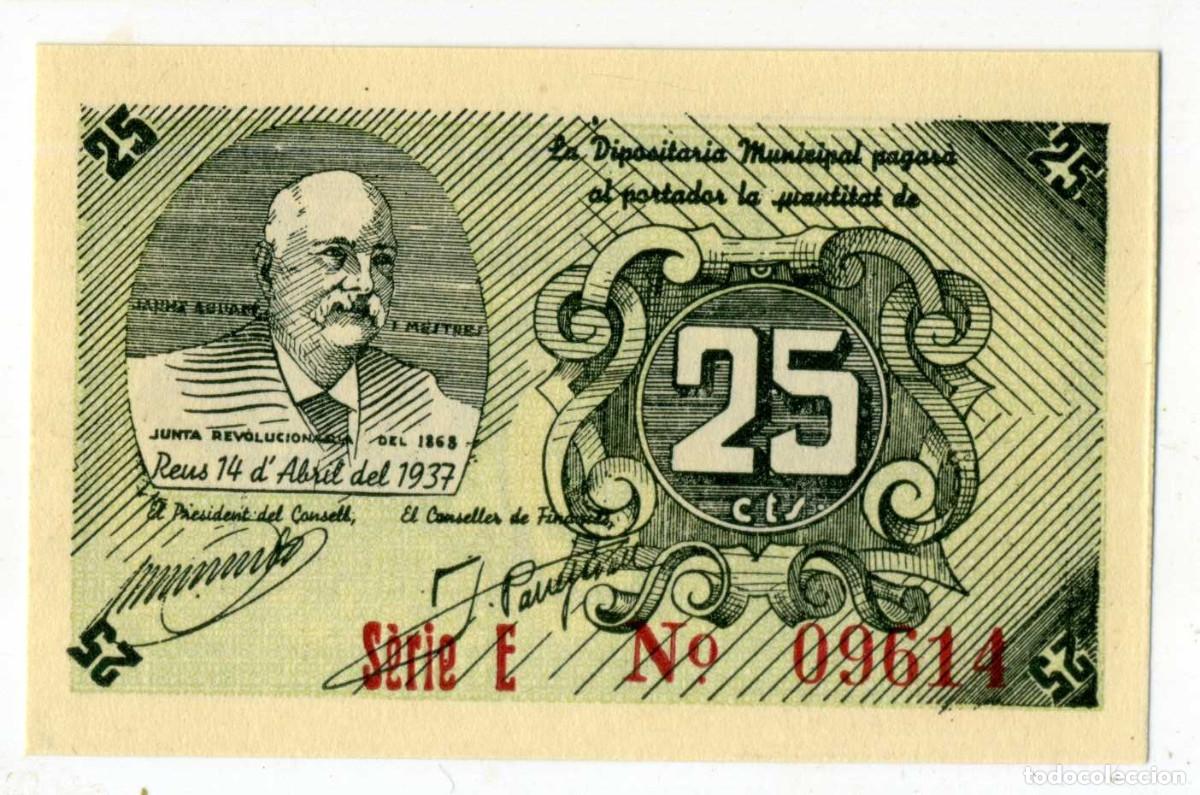 Billetes locales: XS- GUERRA CIVIL 1937 REUS 25 C&egrave;ntims Jaume Aguad&eacute; S/C