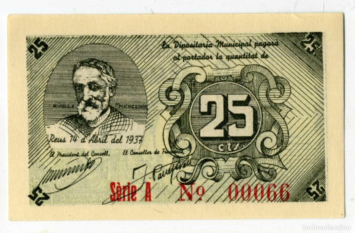 Billetes locales: XS- GUERRA CIVIL 1937 REUS 25 C&egrave;ntims G&uuml;ell i Mercader Num. 00066 S/C