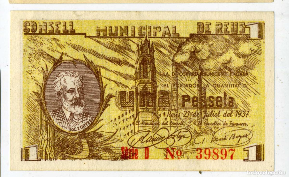 Billetes locales: XS- GUERRA CIVIL 1937 REUS 1 Pesseta Sol i Ortega Emissi&oacute; Juliol EBC+