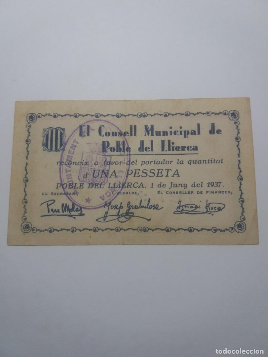 Billetes locales: Billete 1 Pesseta Consell Municipal POBLE DEL LLIERCA 1 Juny 1937