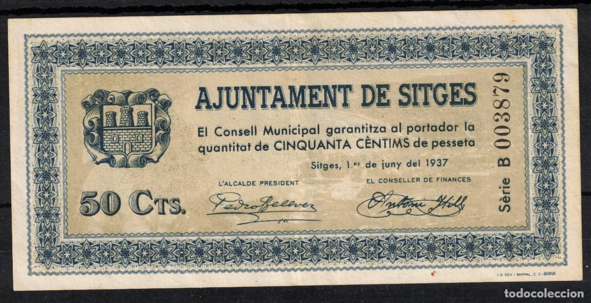 Billetes locales: BILLETE AYUNTAMIENTO DE SITGES - 50 CENTIMOS 1937 - SERIE B - MBC+