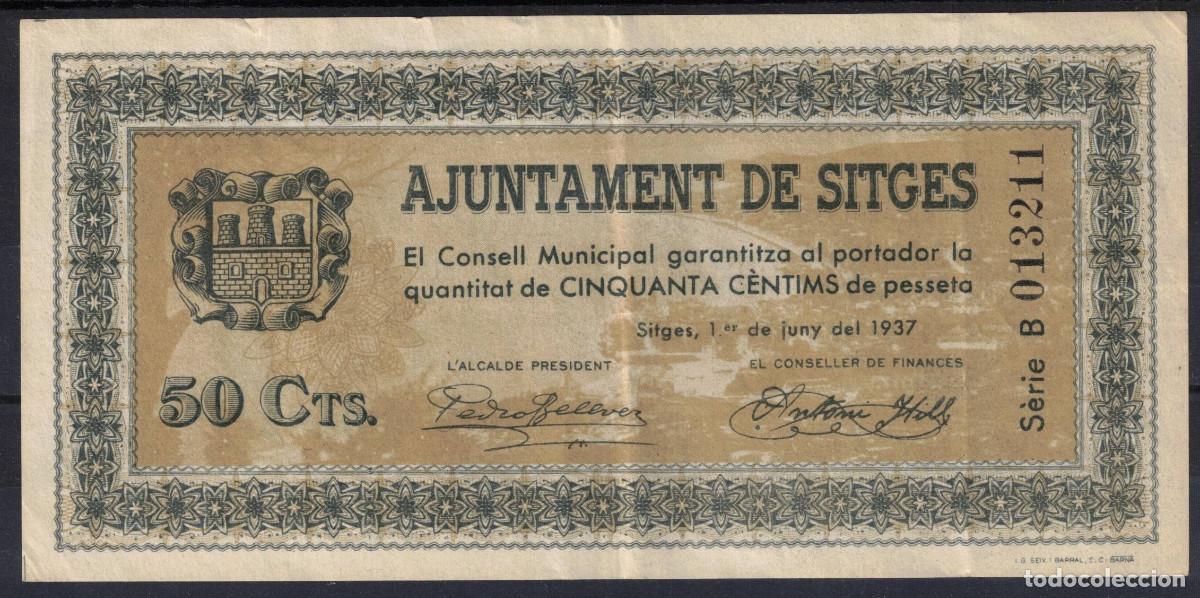 Billetes locales: BILLETE AYUNTAMIENTO DE SITGES - 50 CENTIMOS 1937 - SERIE B - MBC+
