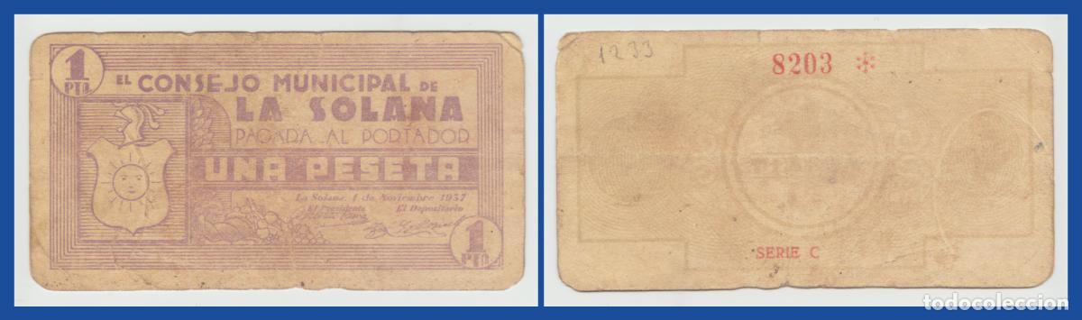 Billetes locales: Solana (Ciudad Real) - 1 Peseta - 1&ordf; Emision 1 de Noviembre del 37 - Serie C n&ordm;. 8.203