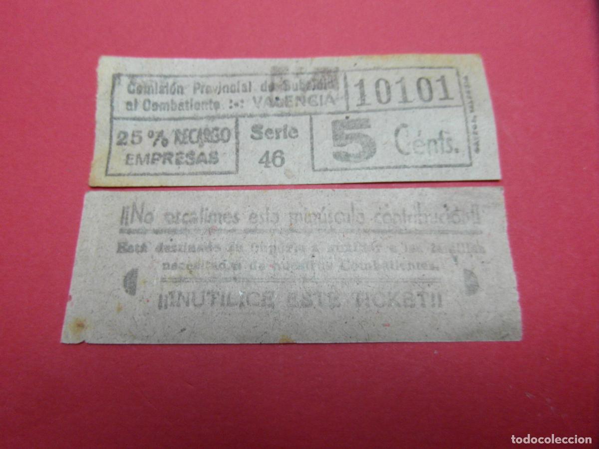 Billetes locales: REF: BIT_GC_SINDI-01 COMISION PROVINCIAL SUBSIDIO COMBATIENTE VALENCIA 5 CENTIMOS VALE CAPICUA 10101