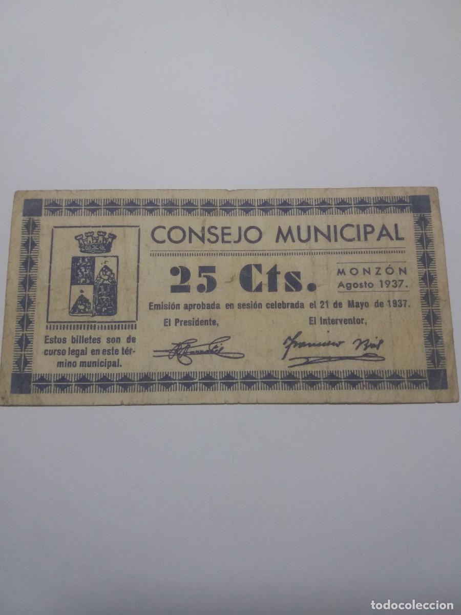Billetes locales: Billete 25 C&eacute;ntimos Consejo Municipal MONZON 21 Mayo 1937