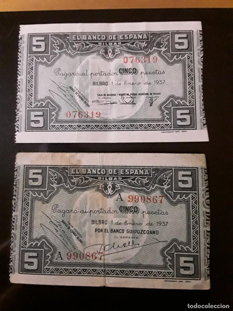 Billetes locales: ESPA&Ntilde;A - BANCO DE ESPA&Ntilde;A (BILBAO) LOTE 5 PESETAS DISTINTAS FIRMAS CON Y SIN SERIE. A&Ntilde;O 1937.