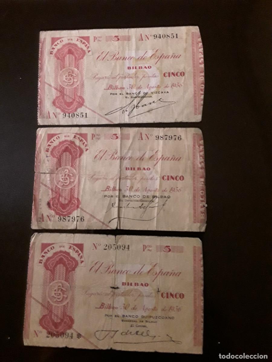 Billetes locales: ESPA&Ntilde;A - BANCO DE ESPA&Ntilde;A (BILBAO)LOTE 5 PESETAS DISTINTAS FIRMAS. 1 SIN SERIE. A&Ntilde;O 1936.