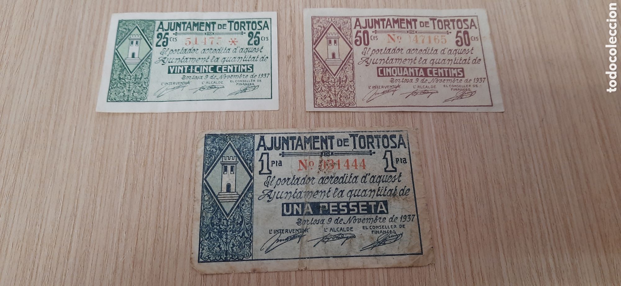 Billetes locales: Tres billetes locales de tortosa 25cts.50cts.1pts