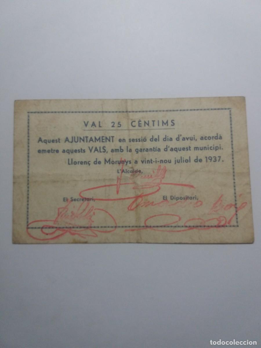 Billetes locales: Billere 25 C&egrave;ntims Ajuntament LLOREN&Ccedil; de MORUNYS 29 Juliol 1937